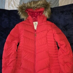 Red Womens Puffer Jacket with Faux Fur Hood By ALPINE